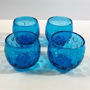 Vintage Empoli Italian Blue Thumbprint Hand Blown Roly Poly Glasses Set of 4